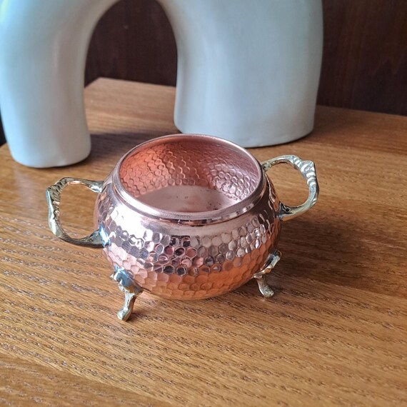 手打ちモロッコ銅製シュガーボウル - 真鍮ハンドルと蓋 - 伝統的な