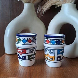 Set of 2 Colorful Moroccan Ceramic Cups – Multicolor Handpainted Tumblers, Artisan Drinkware, Boho Tea Glasses