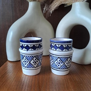 Set of 2 Moroccan Ceramic Cups – Blue and White Geometric Pattern, Handcrafted Traditional Pottery from Fez