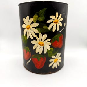 Vintage Hand Painted Storage Tin with Daisies and Strawberries