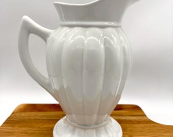 Vintage Mid Century California Art Pottery White Ribbed Pitcher