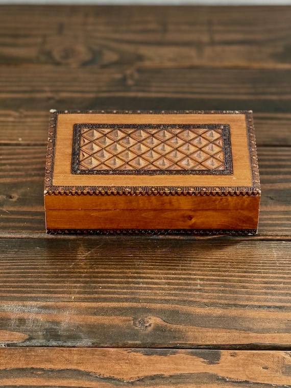 Vintage Carved Wooden Trinket Box, Small Storage Chest