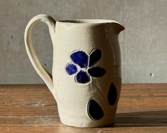 Vintage Williamsburg Pottery Salt Glaze Mini Pitcher | Cobalt Blue Daisy Flower