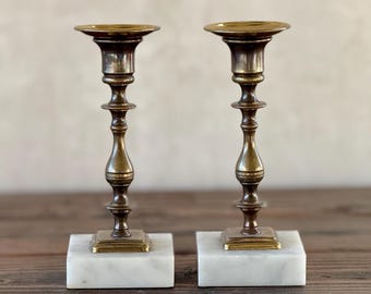 Vintage Brass Candleholders with Marble Bases | Pair