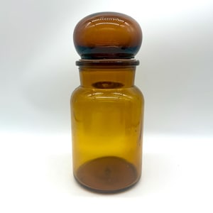 Vintage Taiwan Apothecary Amber Brown Glass Canister Jar with Bubble Lid