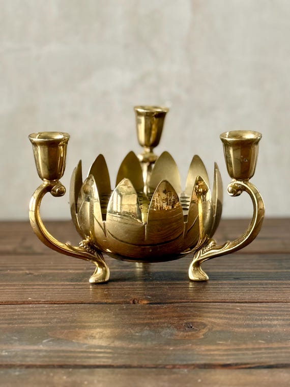 Vintage Italian Brass Plated Lotus Candle Holder Flower Vase, Centerpiece, 3 Arm Antique Candelabra, Taper Candle Holder