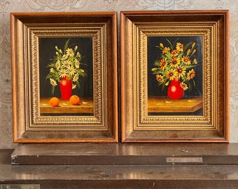 Vintage Framed M Lak Original Floral Oil Paintings