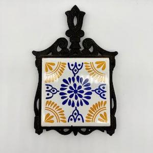 Vintage Cast Iron Ceramic Flower Tile Trivet | Footed | Japan