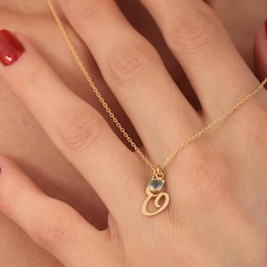 Dainty Initial Birthstone Necklace with Box Chain, Personalized Letter necklace, Birthstone Jewelry, Initial Necklace for Her, Birthday Gift