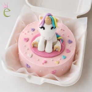 Peut inclure: Un gâteau rond au glaçage rose surmonté d'une figurine de licorne en pâte à sucre blanche avec une corne dorée et une crinière arc-en-ciel. Le gâteau est décoré de petits cœurs en pâte à sucre et de perles blanches, dans une boîte blanche.