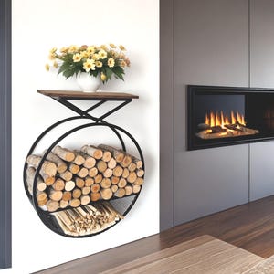 Modern Round Firewood Holder, Black Metal Log Storage Rack for Indoor or Outdoor, Decorative Circular Fireplace Wood Storage, Log Organizer