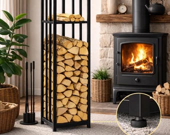 Leñero de metal moderno, soporte para leña para chimenea de estilo rústico
