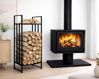 Leñero de metal moderno: soporte para leña para chimenea de estilo rústico