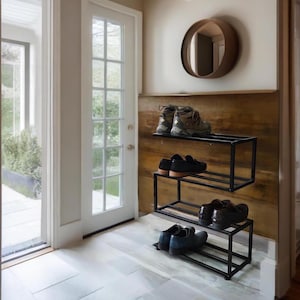 Metal Shoe Rack, Floor Shoe Rack, Shoes Organizing Area, Industrial Shoes Rack, Hallway Shelving, Hallway Organizing, Loft Style Shelving