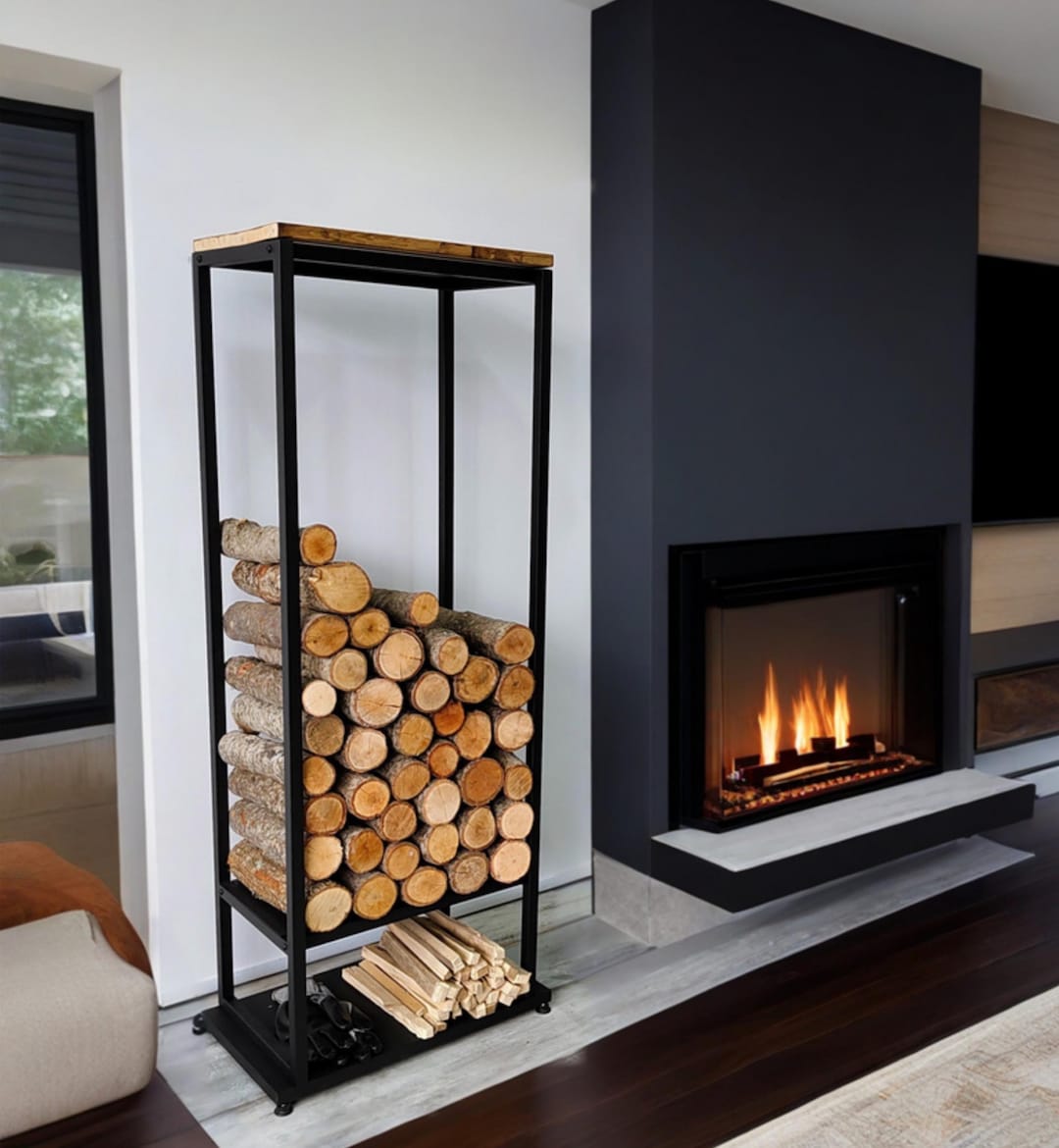 Log Rack Tower Modern Metal Firewood Rack: Vertical Log Holder, Indoor Fireplace - Etsy