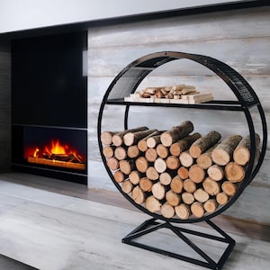 Modern Round Firewood Holder, Black Metal Log Storage Rack for Indoor or Outdoor, Decorative Circular Fireplace Wood Storage, Log Organizer