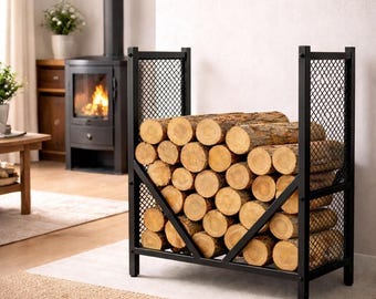 Estantería metálica moderna para leña, solución de almacenamiento de madera para uso interior y exterior.