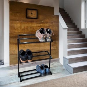Hallway Organizing, Loft Style Shelving, Metal Shoe Rack, Floor Shoe Rack, Shoes Organizing Area, Industrial Shoes Rack, Hallway Shelving