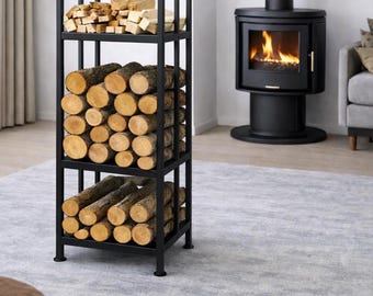 Leñero de metal moderno, soporte para leña para chimenea de estilo rústico