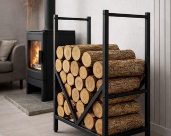 Estantería metálica moderna para leña, solución de almacenamiento de madera para uso interior y exterior.