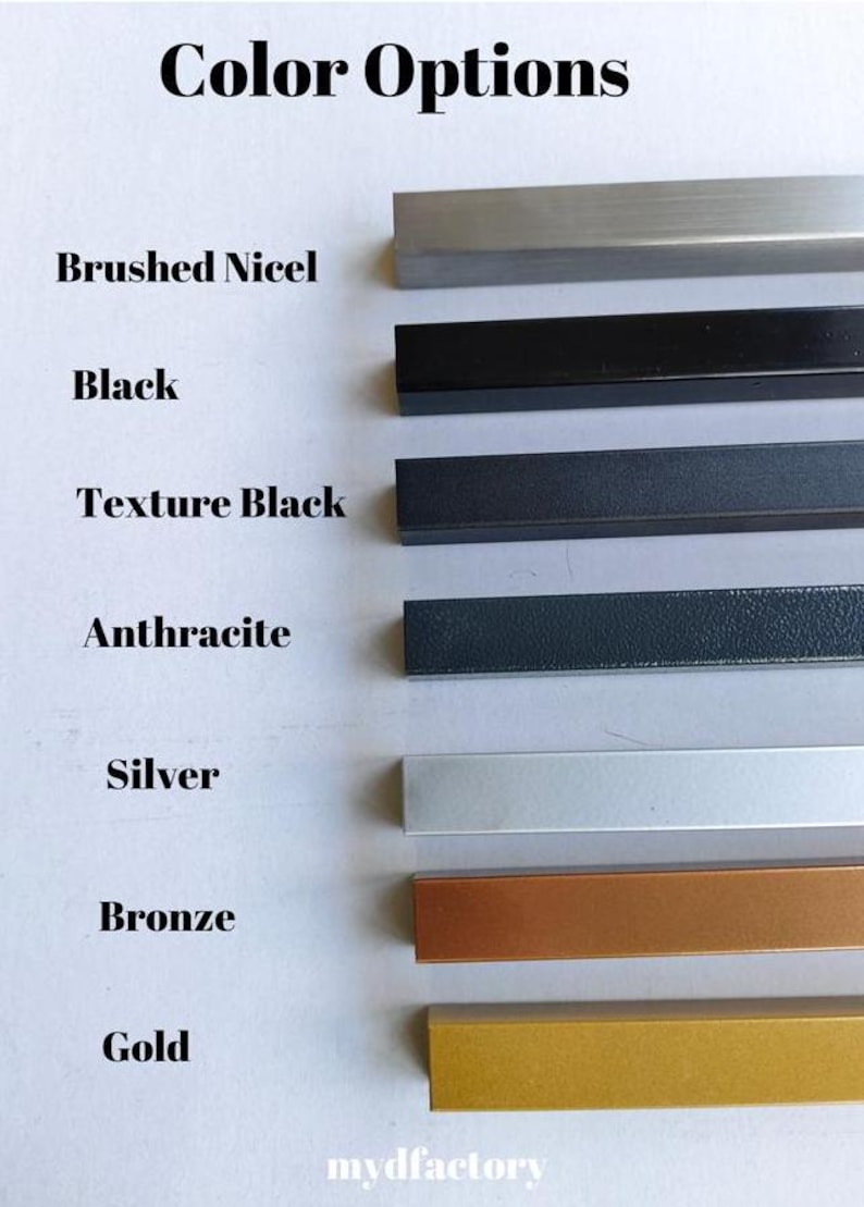 K&ouml;nnte beinhalten: Bild, das Farboptionen f&uuml;r ein Produkt zeigt, mit rechteckigen Metallmustern in verschiedenen Farbt&ouml;nen. Die Optionen umfassen Brushed Nicel, Schwarz, Texture Black, Anthrazit, Silber, Bronze und Gold. Der Text "Color Options" befindet sich oben.