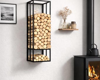 Leñero de metal moderno: soporte para leña, accesorio para chimenea de estilo rústico