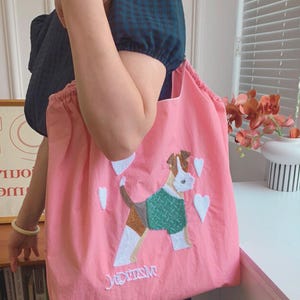 Bolsa ecológica grande com bordado de desenho de cachorro