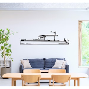 May include: A black line art illustration of a boat with a hardtop, a windshield, and a small outboard motor. The boat is on a white wall in a living room setting with a couch, a table, and a plant.