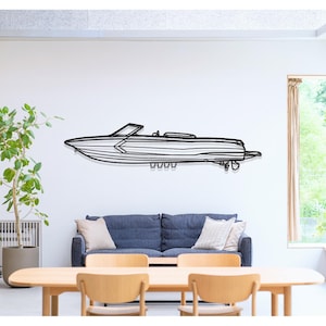May include: A black metal wall sculpture of a speedboat. The boat is outlined in black metal and has a simple, modern design.