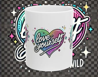 Taza "Ámate a ti mismo": taza de café inspiradora con forma de corazón de arcoíris, regalo de amor propio, taza estética motivacional, lindo regalo de vibraciones positivas
