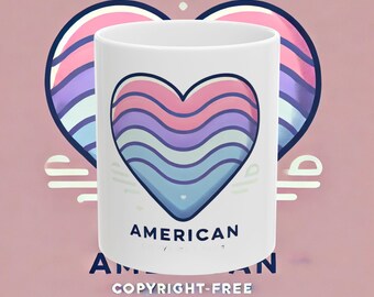 Taza de estética estadounidense: taza de café con corazón ondulado retro, regalo patriótico de EE. UU., diseño pastel moderno, linda taza estadounidense