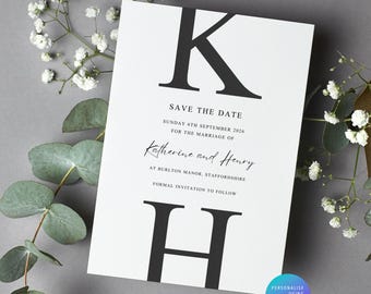 Modello Save the Date in bianco e nero: semplice invito digitale per matrimonio (download immediato, modificabile in Canva)