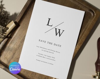 Modello di invito per matrimonio con monogramma: semplice invito digitale per matrimonio (download immediato, modello Canva modificabile)