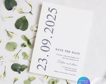 Plantilla minimalista personalizable para guardar la fecha: invitación digital de boda (descarga instantánea, editable en Canva)