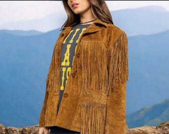 Boho suède leren jas met franjes - retro western cowgirlstijl