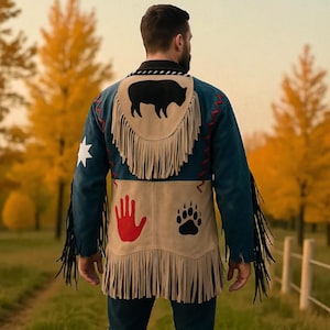 Peut inclure: Veste en daim bleu avec franges et écussons décoratifs. Les écussons comprennent un bison noir, une empreinte de main rouge et une empreinte de patte d'ours noire. La veste a des coutures rouges et blanches et une étoile blanche sur la manche.
