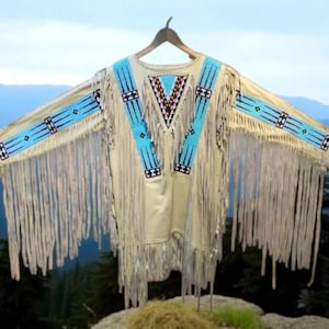 Handmade Buffalo Hide War Shirt: Beaded Powwow Regalia