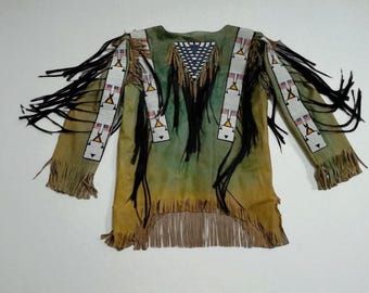 Handgemachtes Büffelleder Kriegshemd: Powwow Regalia mit Perlen