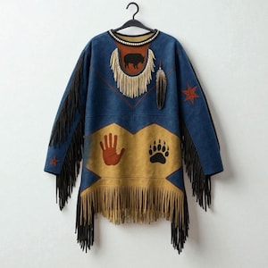 Peut inclure: Une tunique en daim bleu avec un motif géométrique beige et marron. La tunique présente un bison, une main et une empreinte de patte d'ours. Elle a des franges noires sur les manches et le bas, et un accent de plume et d'étoile.