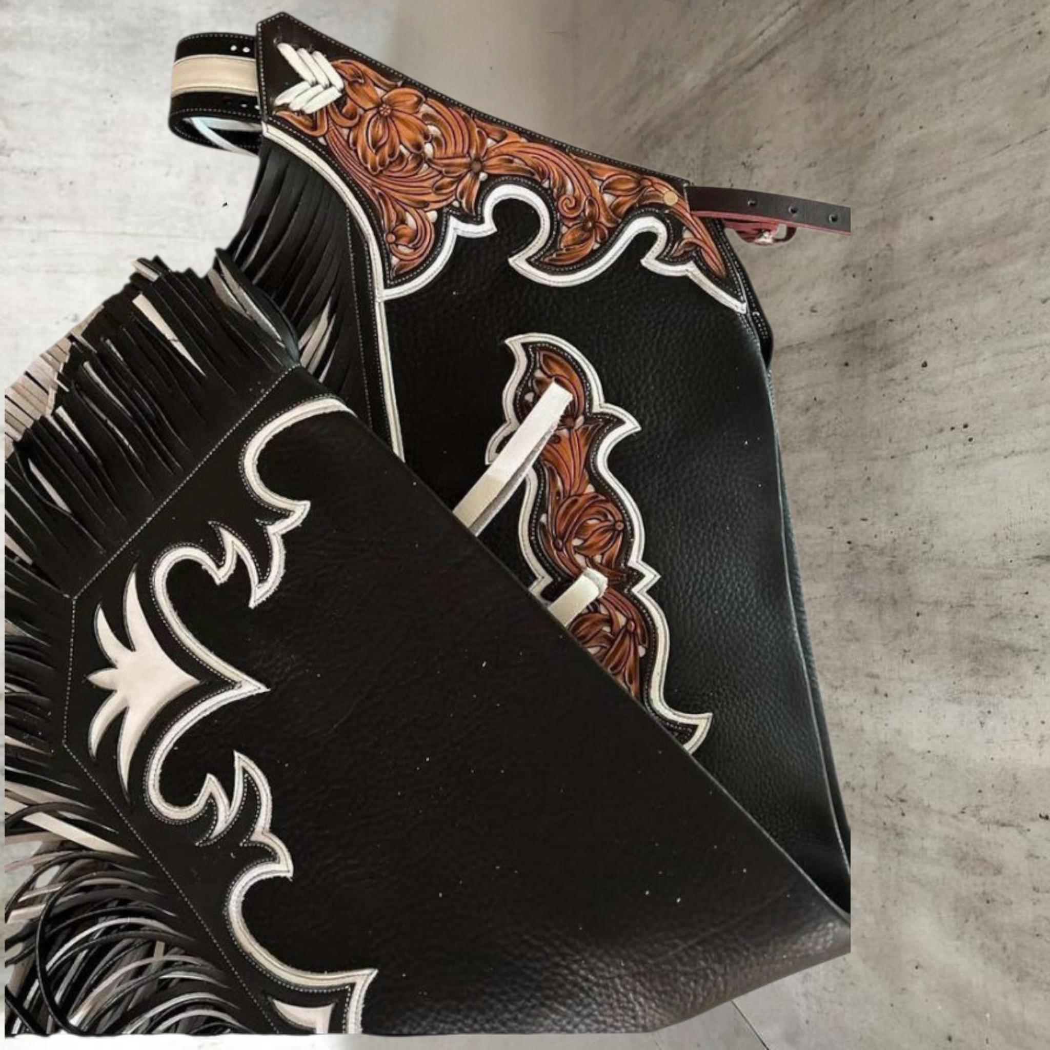 Hand-tooled Leather Rodeo Chaps | Custom Western Chaps | Fringe Bull ...