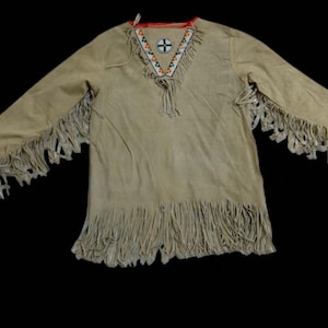 Old American Handmade Beige Buckskin Suede Beaded Powwow Regalia War Shirt Native Outfit
