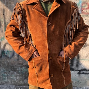Men&#39;s Handmade Traditional Western Cowboy Buckskin suede Jacket – Fringed Native Vintage Vibe Coat Western Style Classic Look Gift for Him
