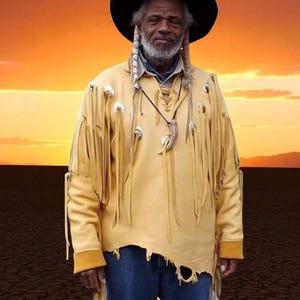 May include: A person wearing a tan fringed shirt with decorative silver accents and a black hat. The shirt is paired with blue jeans. The background features a sunset over a desert landscape.