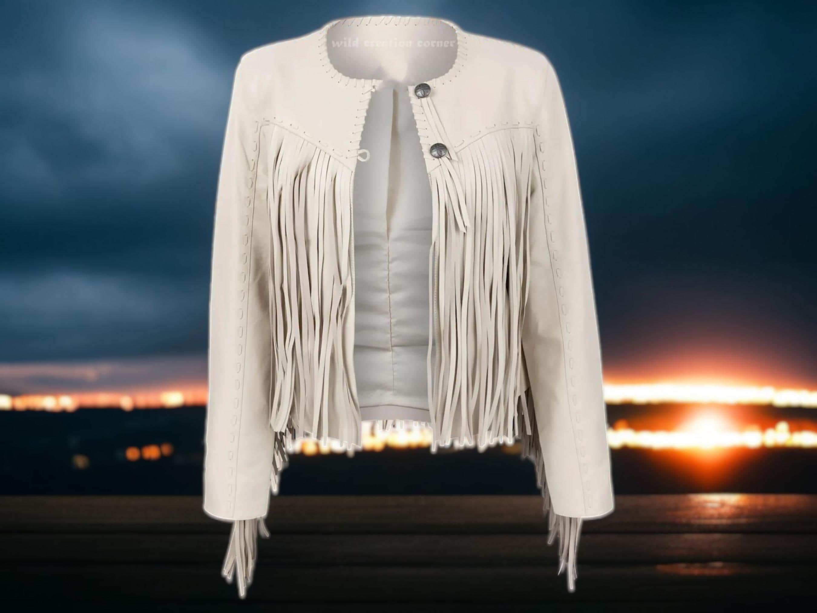 White Leather Fringe Jacket - Etsy