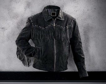 Men's Suede Western Cowboy Jacket: Fringe, Beads, Bone Details