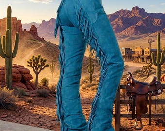 Teal Blue Suede Fringe Chaps for Women, Western Cowgirl Pants, Handmade Festival Outfit, Rodeo Style, Country Cowboy Fashion