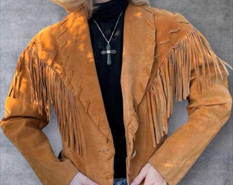 Chaqueta vintage de gamuza con flecos de los años 70: abrigo de vaquera estilo western con cuentas hecho a mano