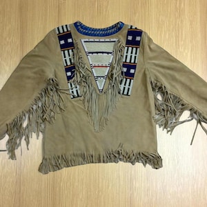 Old American Handmade Beige Buckskin Suede Beaded Powwow Regalia War Shirt Native Outfit