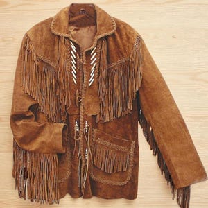 Men&#39;s Handmade Suede Fringe Jacket: Beaded Western Cowboy Coat