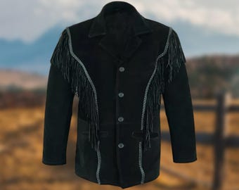 ウエスタンカウボーイ バイカー レザージャケット フリンジ ビーズ 黒 メンズ本革フリンジジャケット｜ブラックウエスタンスタイルバイカー